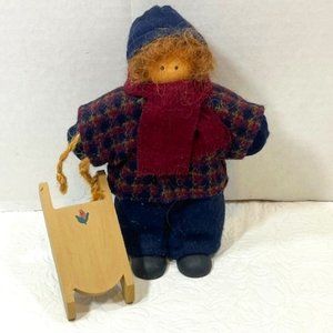 VTG 1992 Wooden Boy Winter Clothes w/Sled Doll Lizzie High 6"x4" Retired